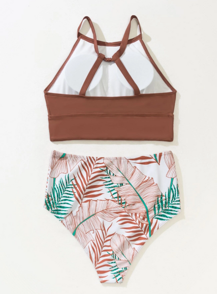 Brown Tropical Print Bikini Swimsuit