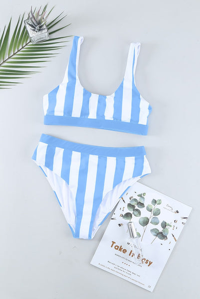 Sky Blue Athletic Striped Tank High Waisted Swimsuit