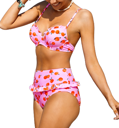 Pink Fruit Print Ruffled Detail High Waisted Swimsuit