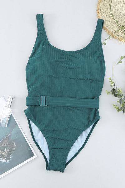 Green Ribbed One-piece Swimsuit with Belt