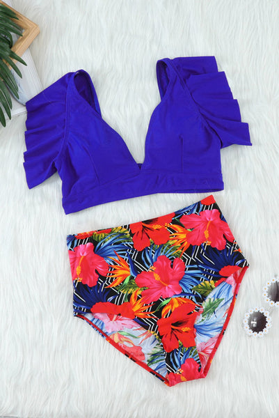 Violet Floral Ruffled Hem High Waist Bikini Set