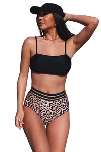 Black Strappy Cage Back Leopard High Waist Bikini Swimsuit