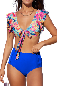 Floral Print Front Tie High Waist Bikini Swimsuit with Ruffles