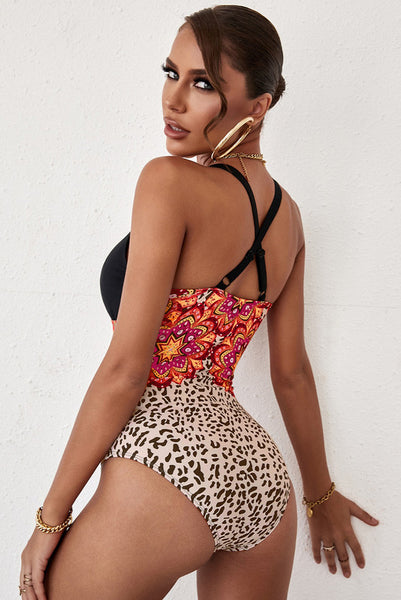 Leopard Floral Criss Cross Deep V Neck One-piece Swimwear