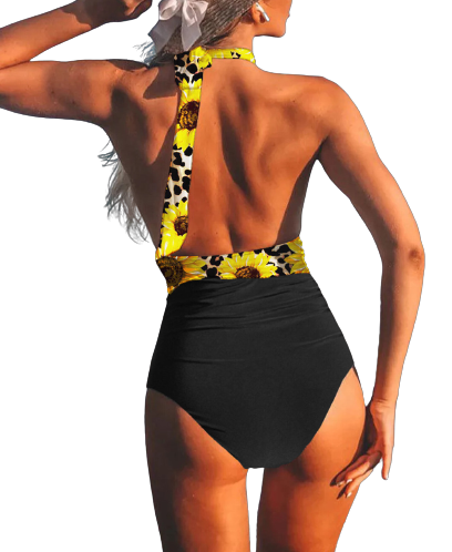 Sunflower Halter Plunging One-piece Swimsuit