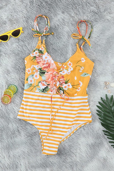 Floral and Striped Lace-up One-piece Swimwear