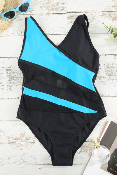Blue Colorblock Mesh Backless One-piece Swimwear