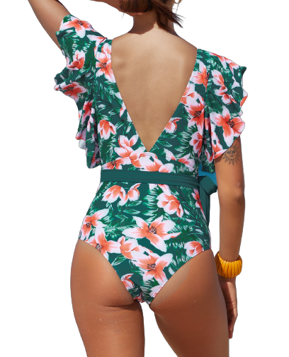 Deep V Neck Floral Print Ruffles One Piece Swimwear