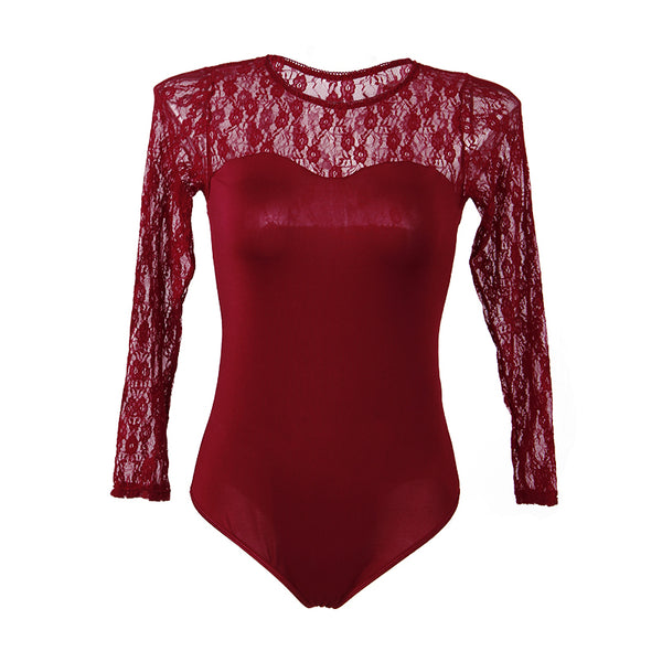 Long Sleeve Red Openable Crotch Mesh Bodysuit