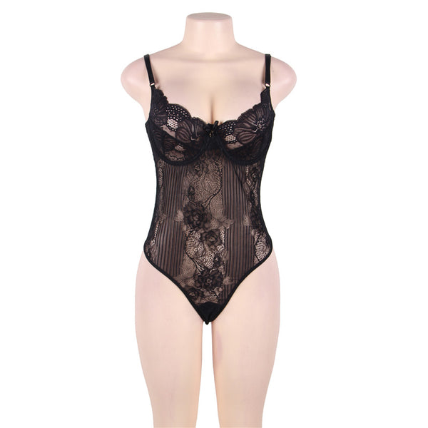 Black Glamour Underwire Sheer Lace Teddy