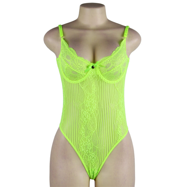 Fluorescent Green Glamour Underwire Sheer Lace Teddy