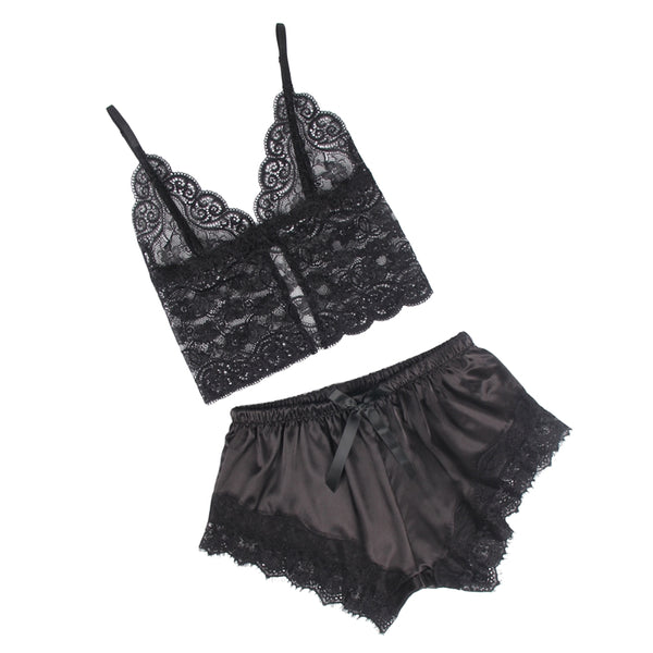 Casual Lace Silk Camisole Black Sleepwear Set