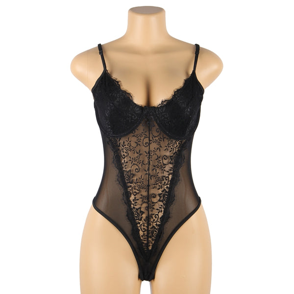Crotch Open Black Teddy With Underwire