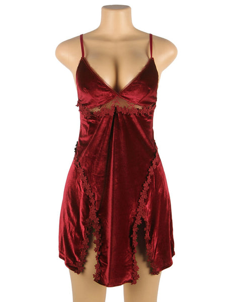 Red Velour Embroidery Nightdress With G String