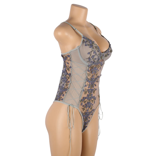 Fashion Embroidery Grey Mesh Bodysuit With Underwire
