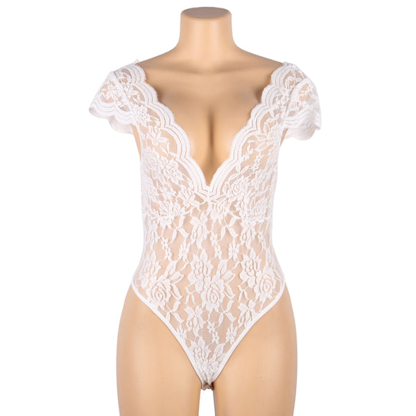 White Deep V backless Full Lace Teddy