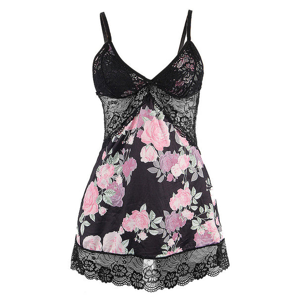Floral Print Lace-up Babydoll Without Underwire Black