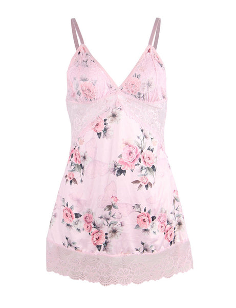 Floral Print Lace-up Babydoll Without Underwire Pink
