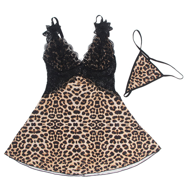 V Neck Leopard Print Lace Stitching Strap with Flower Babydoll
