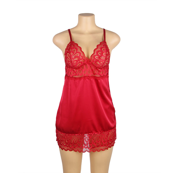 Red Lace Floral Back Closure with Hook and Eye Babydoll